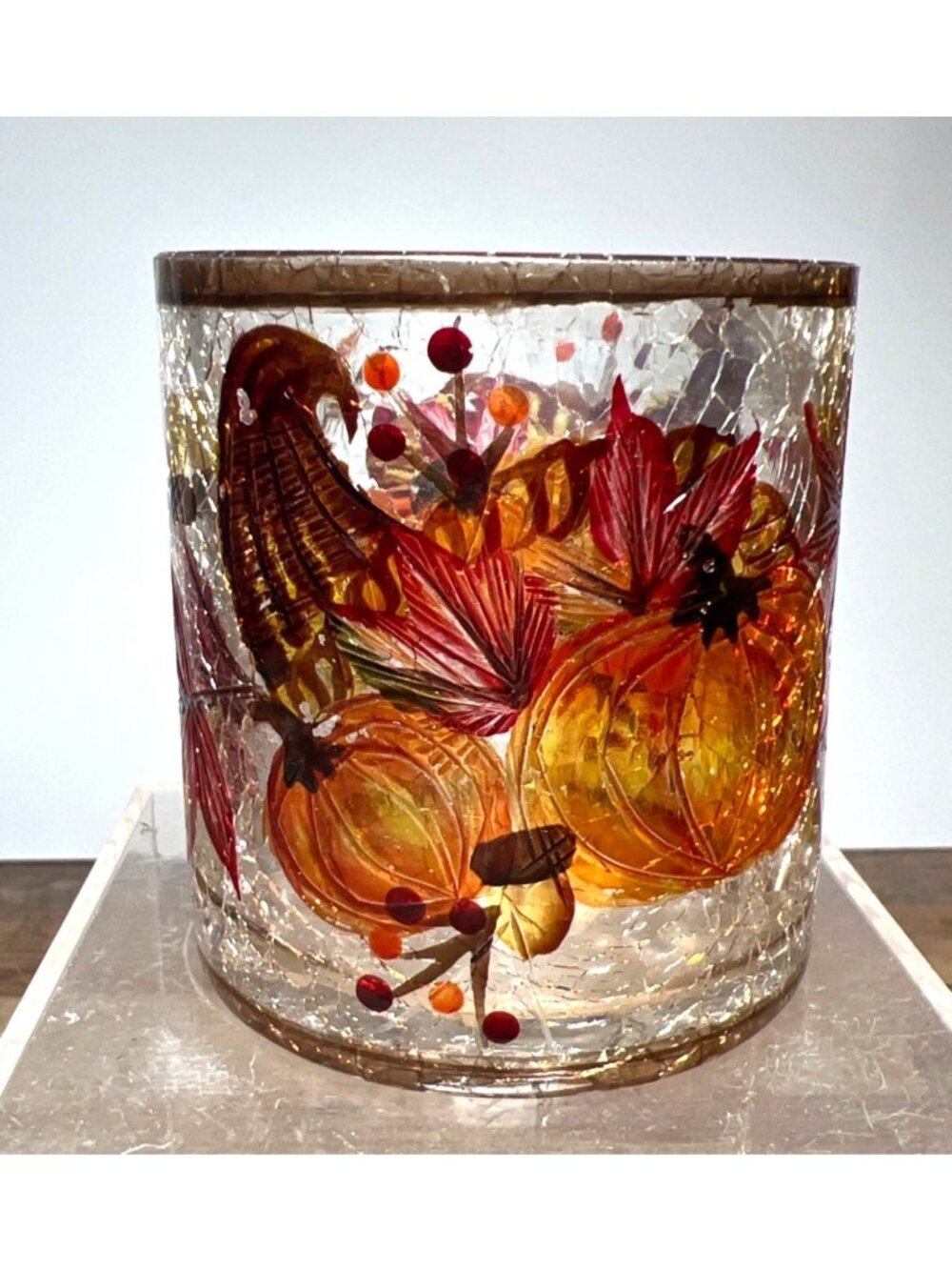 Hand-Painted Autumn-Themed Crackle Glass Candle Holder Pumpkins Leaves & Acorns